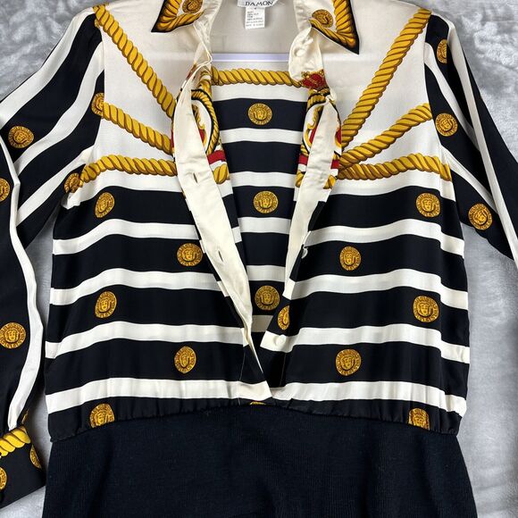 Vtg Francesca of Damon Silk Blouse Women's 4 White Black Stripe Coin Rope (0952) - Picture 5 of 11